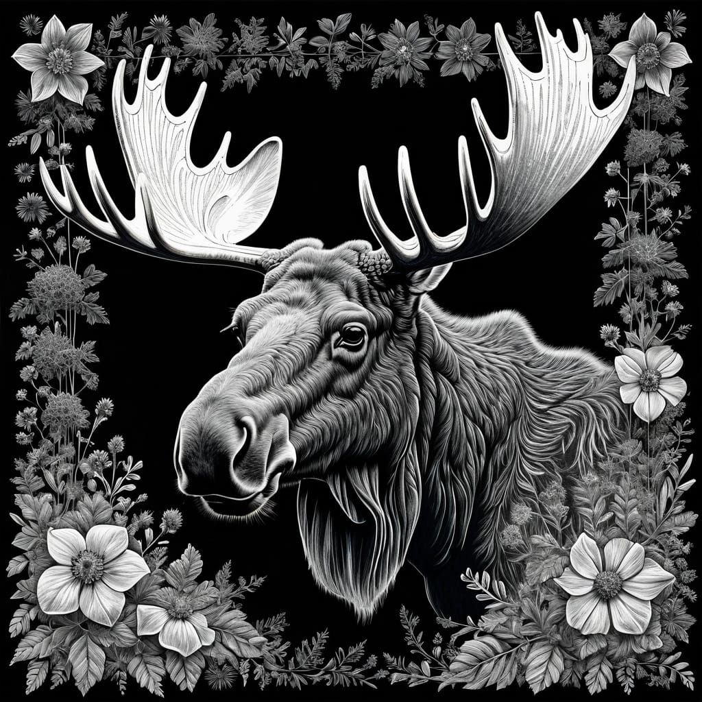 Intricate Moose Head Chalk Art with Floral Frame