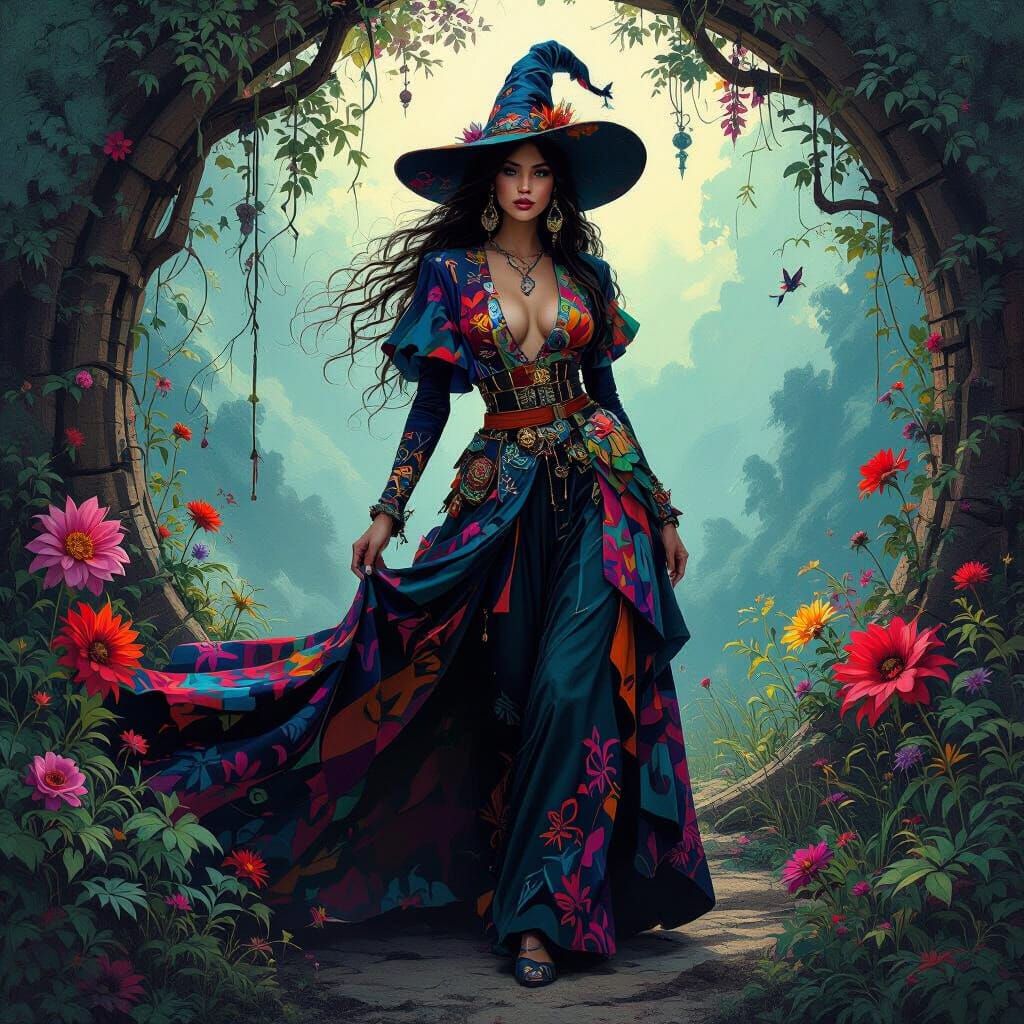 Woman in Eclectic Outfit in Dreamy Digital Art