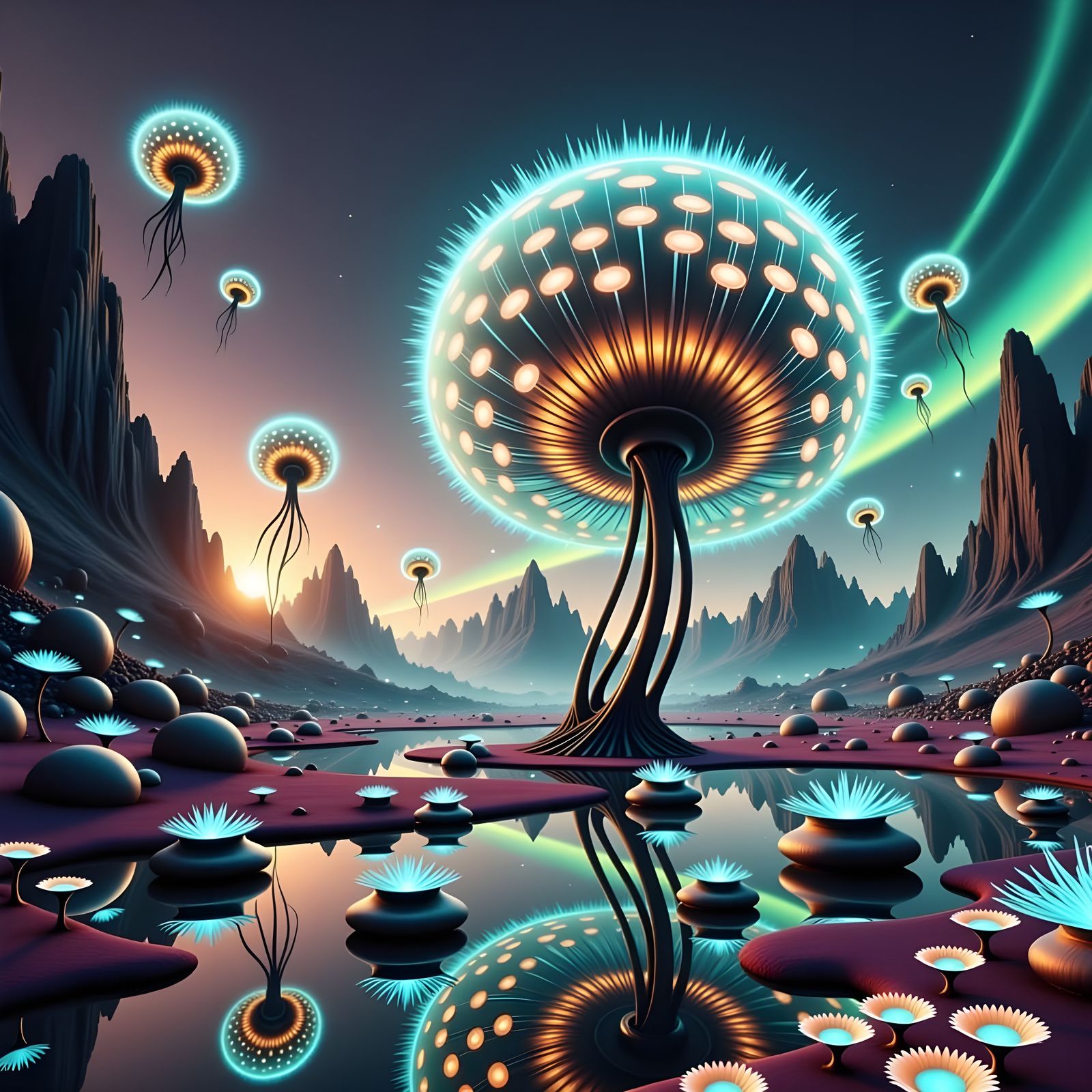 Giant Crystalline Dandelion Above Alien Landscape