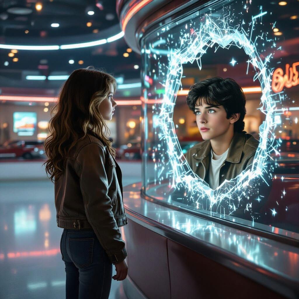 Romantic Time Portal: Girl in Cyberpunk Rink Sees 70s Boy