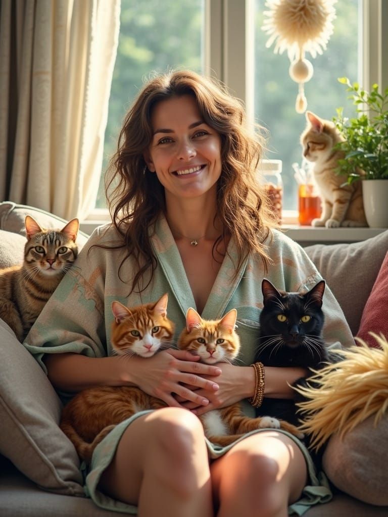 Warm Home with a Whimsical Cat Lady and Her Furry Family