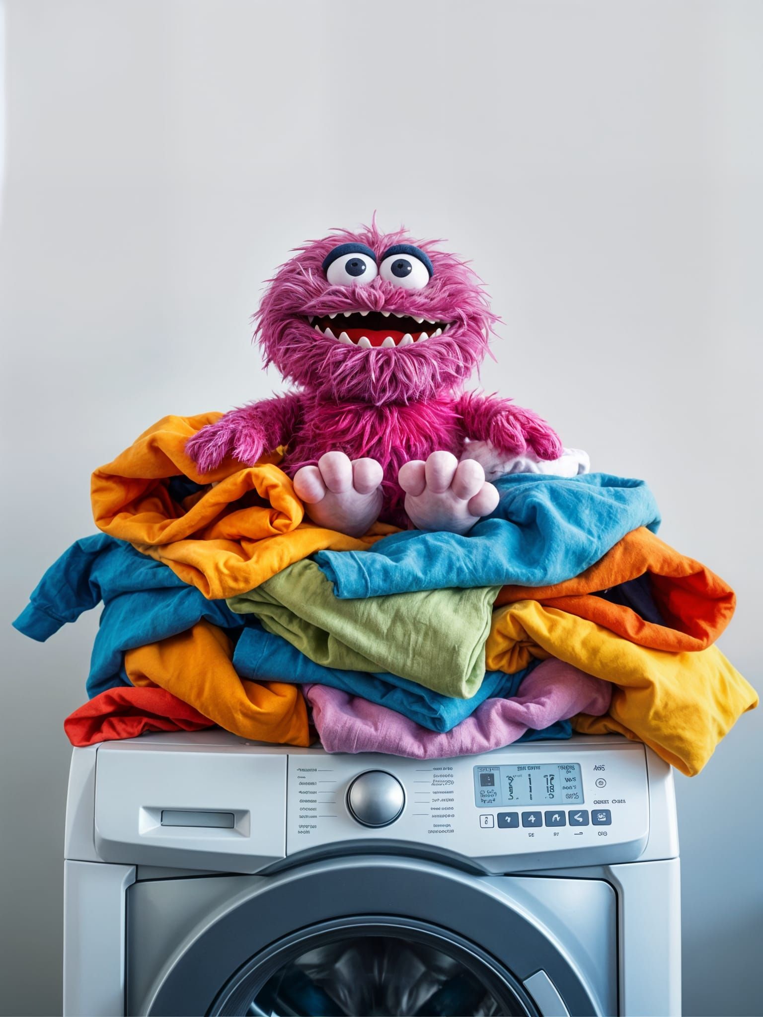 Cute Monster Clothes Pile on Washing Machine in Digital Art