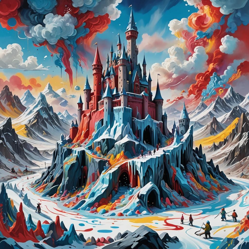 Ice Castle Mountain with Graffiti Art, Digital Matte Paintin...
