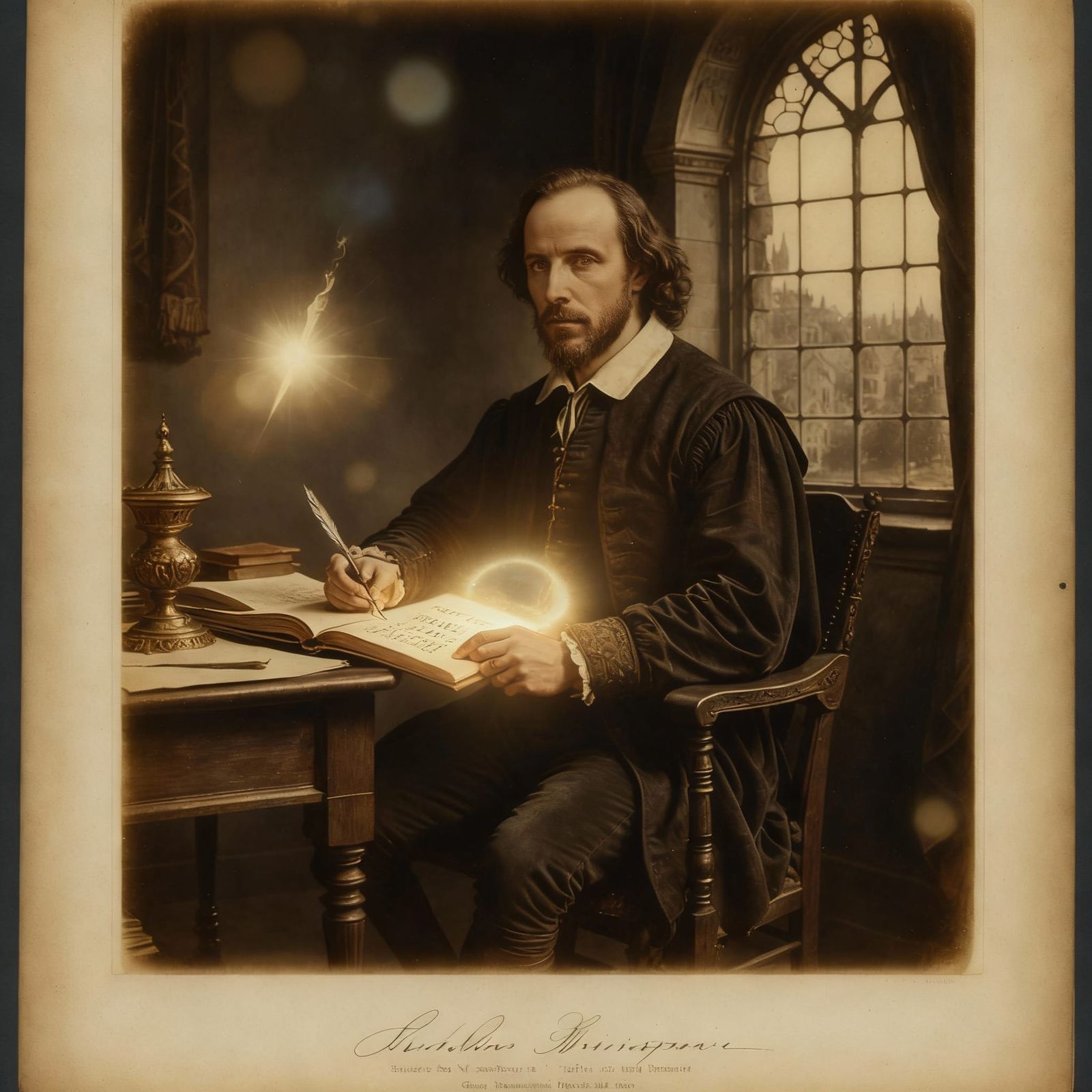 Shakespeare by Window with Mystical Light and Reversed Text