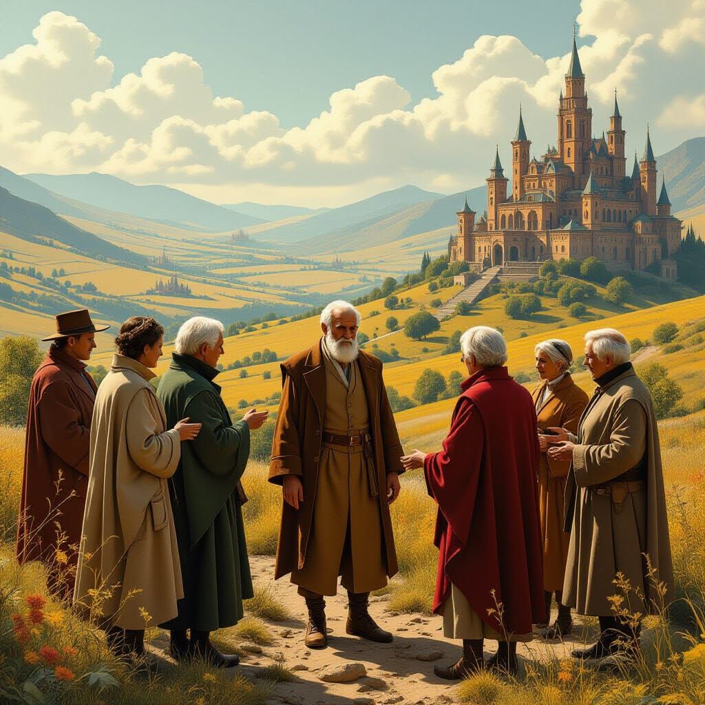 Elderly Man Surrounded by Time Clones in Surreal Landscape