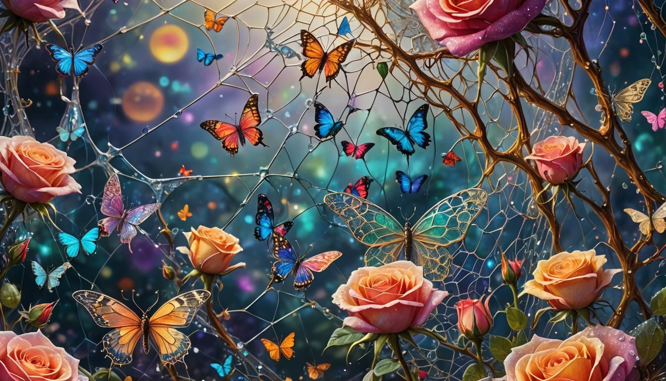 Cosmic Roses with Butterflies and Spiderwebs