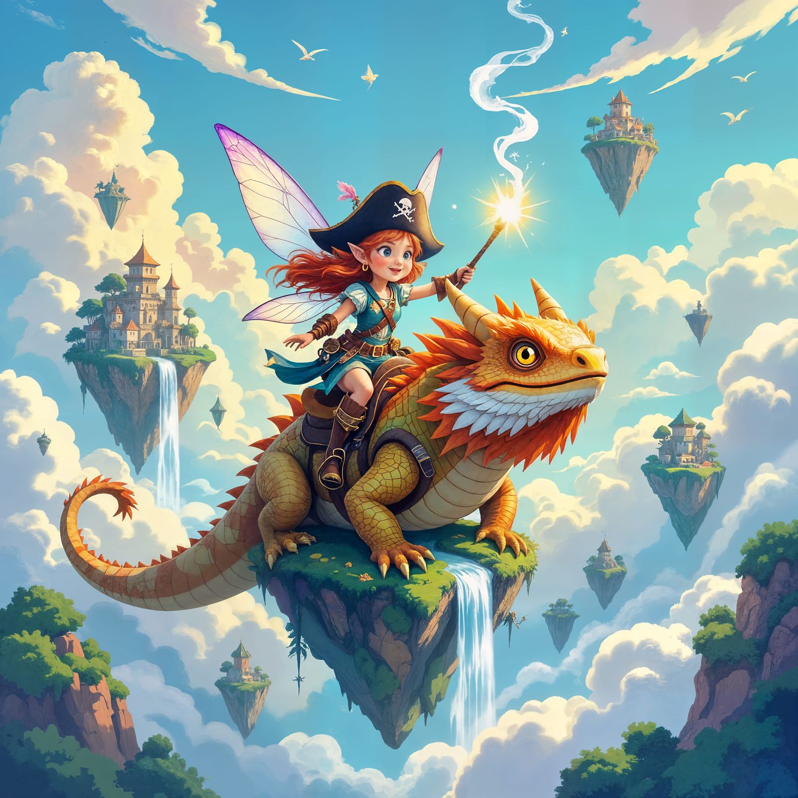 Pirate Fairy Rides Dragon in Whimsical Fantasy Art