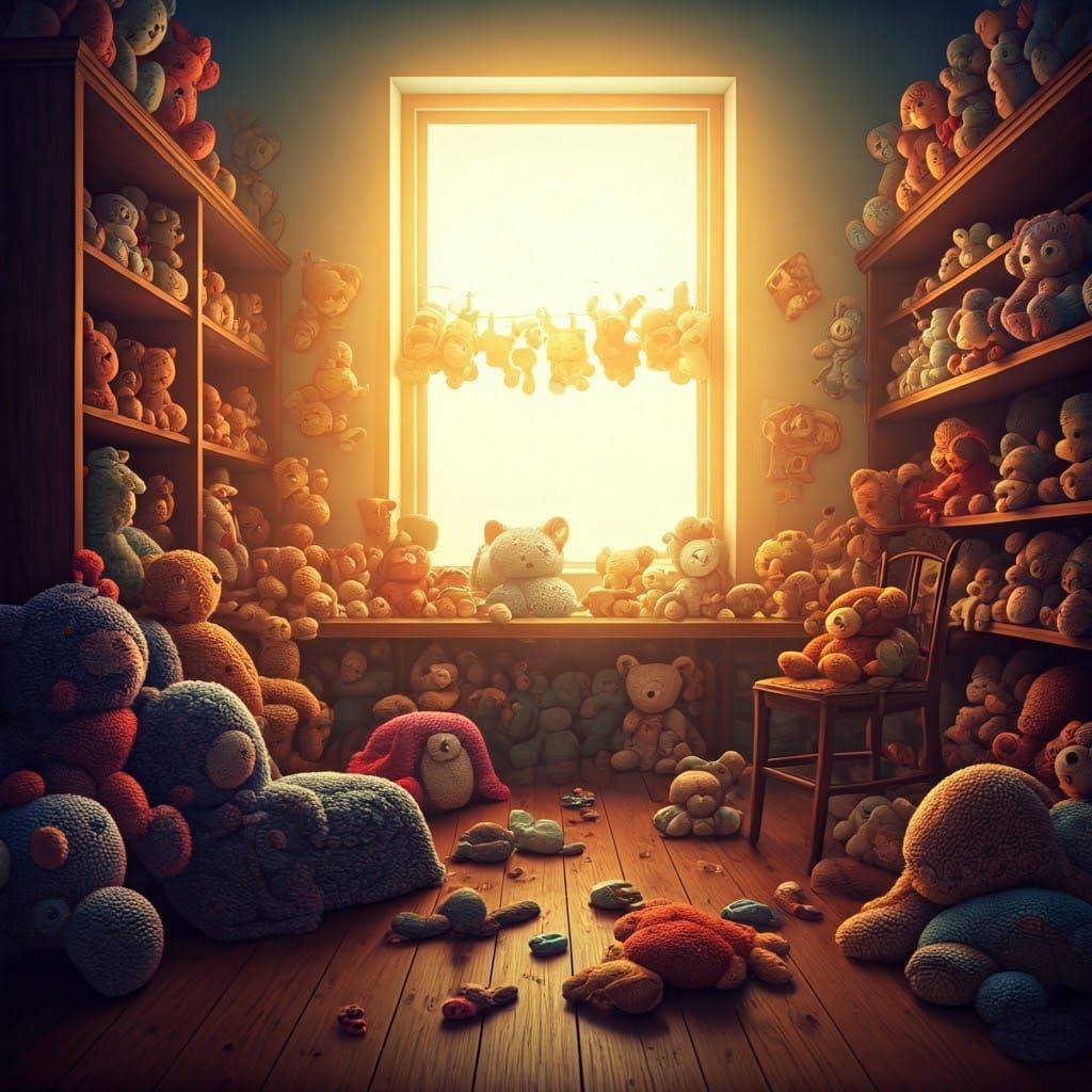 Chaotic Stuffed Animal Room in Pixar Style