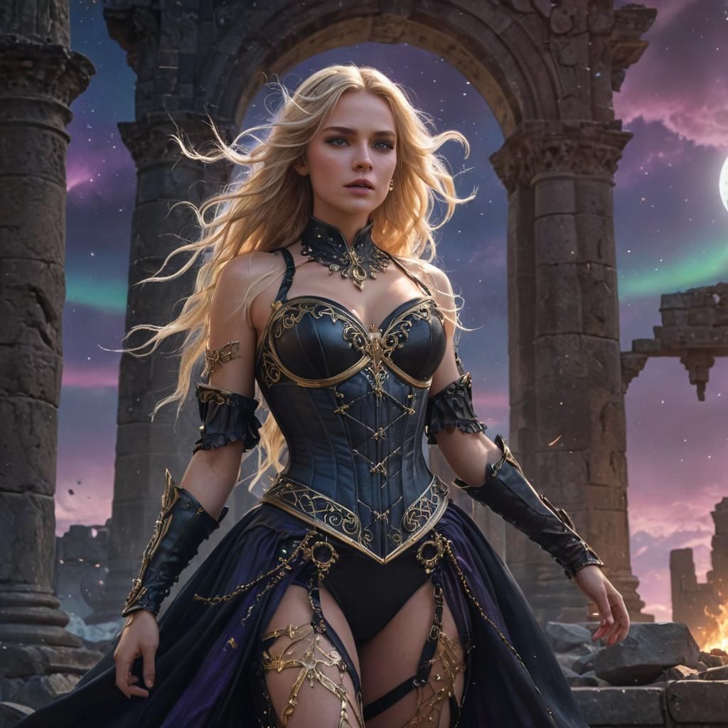 Fantasy Goddess in Ruins with Aurora Borealis
