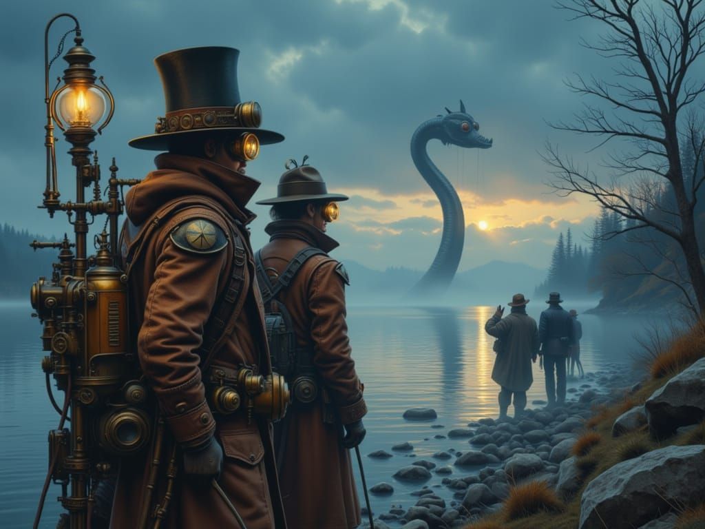 Steampunk Explorers and Loch Ness Monster at Twilight