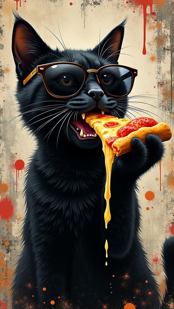 Black Cat Eats Pizza in Urban Street Art Style