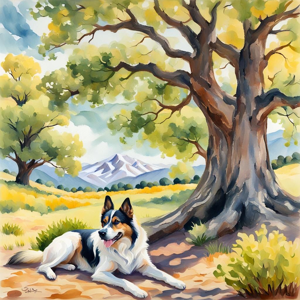 Sarplaninac Dog Resting Under Oak Tree as Gouache Painting