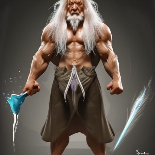 Muscular Wizard Posing: Hyperrealistic Splash Art