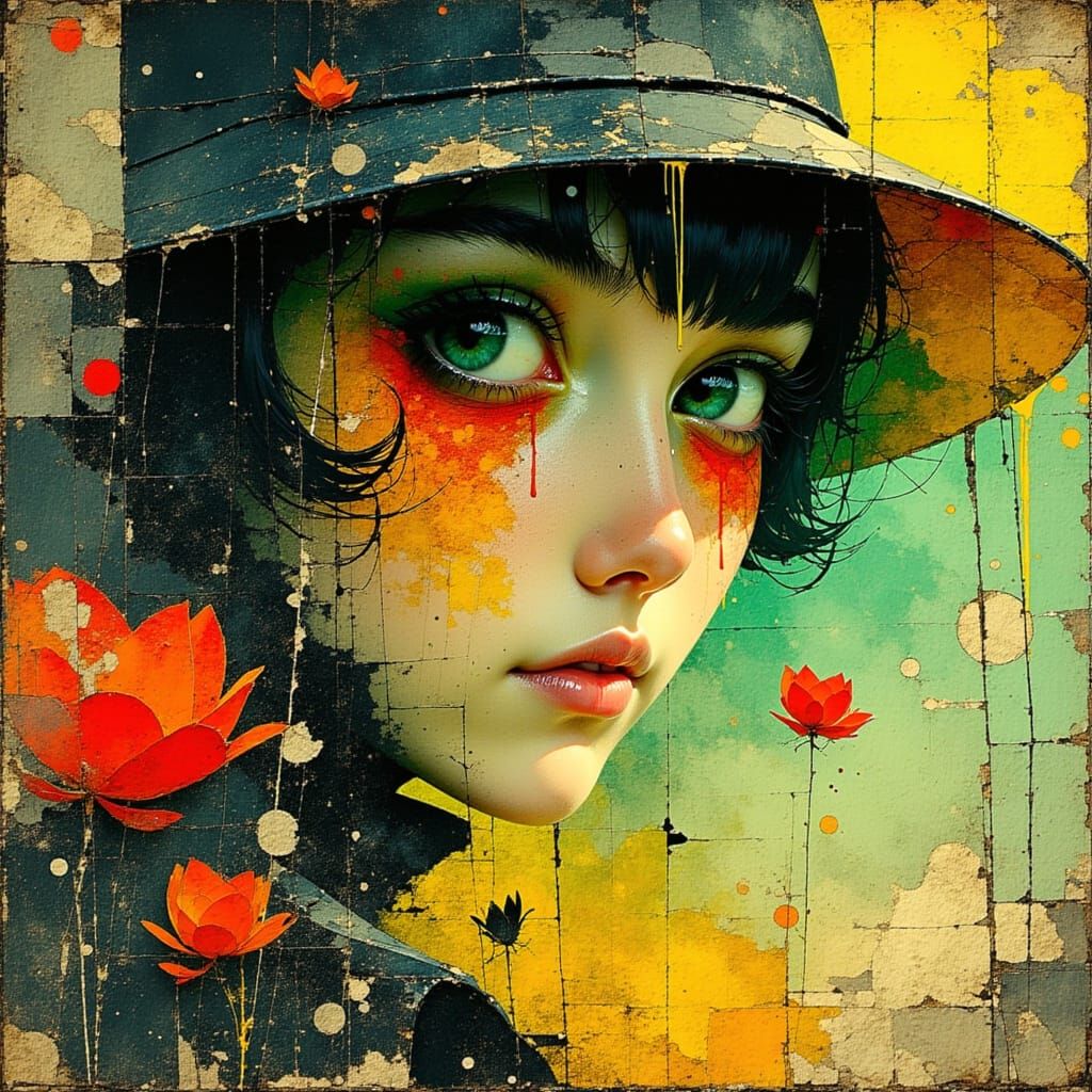 Hyper Cute Lady Portrait with Double Exposure in Pop Surreal...