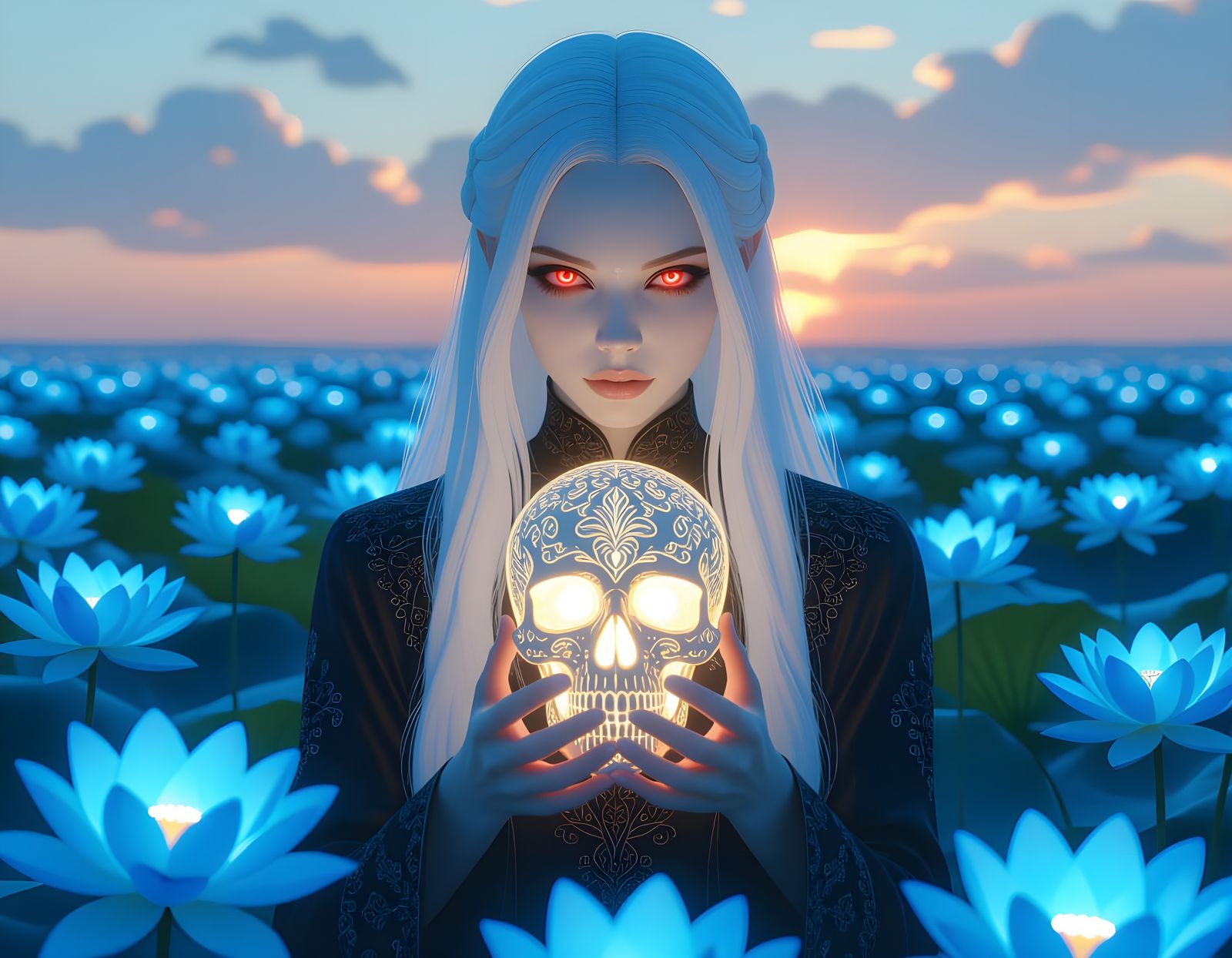 Albino Woman with Skull in Dreamlike Landscape