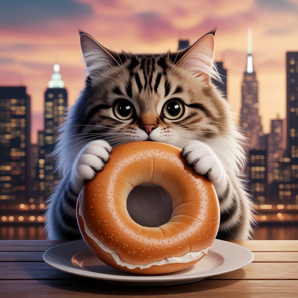 Whimsical Cat Savoring Bagel in NYC