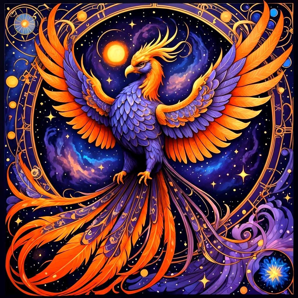 Cosmic Phoenix in Art Nouveau Style