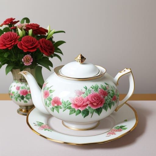 A lovely Royal Doulton china teapot with pink roses, lilies, and zinnias.
