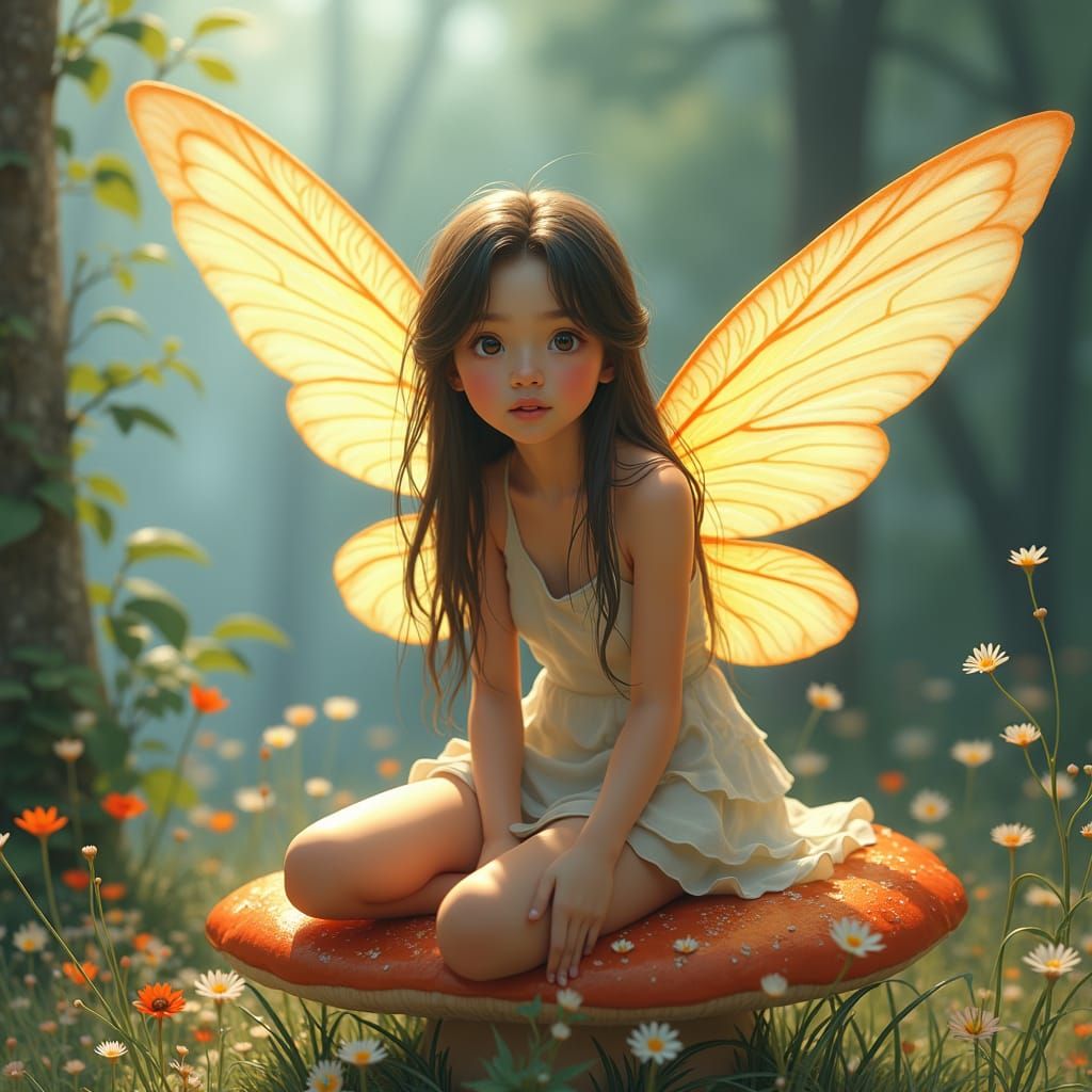 Gentle Fairy on Mushroom, Digital Illustration