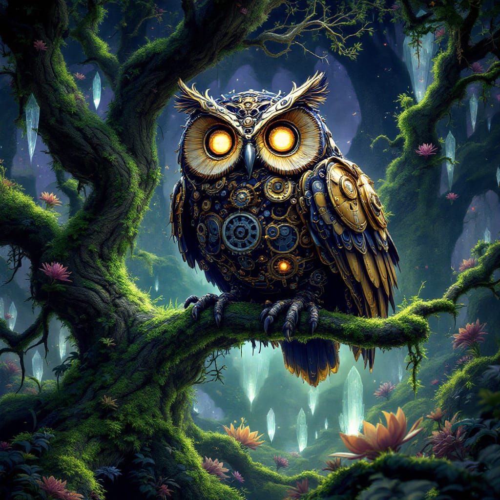 Colossal Clockwork Owl in Surreal Steampunk Forest