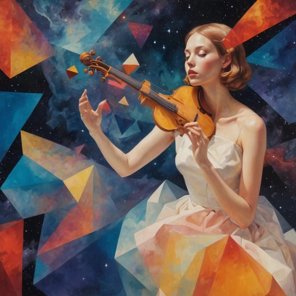 Surreal Woman Floating in Space with Musical Instrument