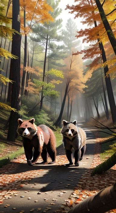Raccoons Running From Bear in Autumn Forest