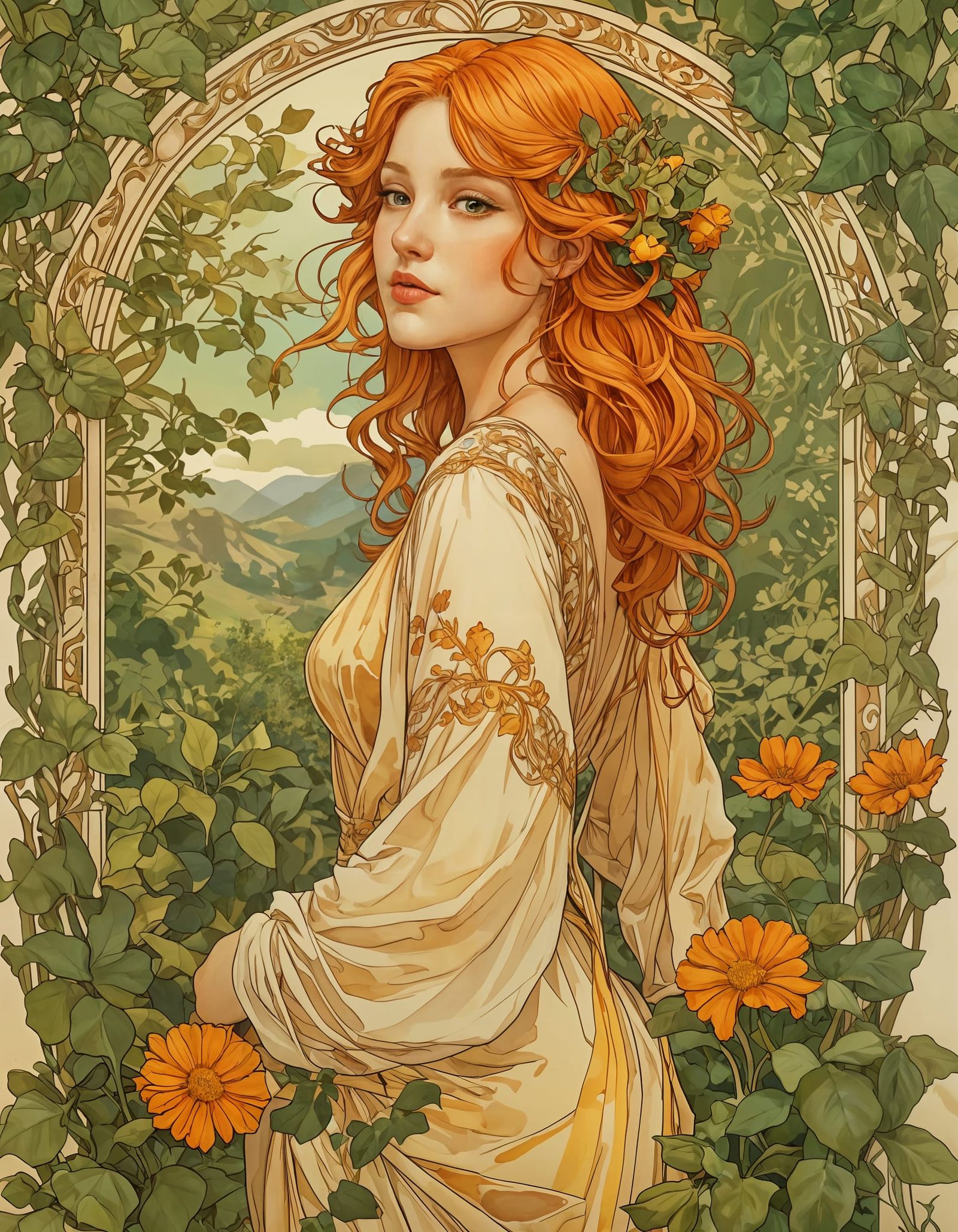 Art Nouveau Woman with Orange Hair and Flowers