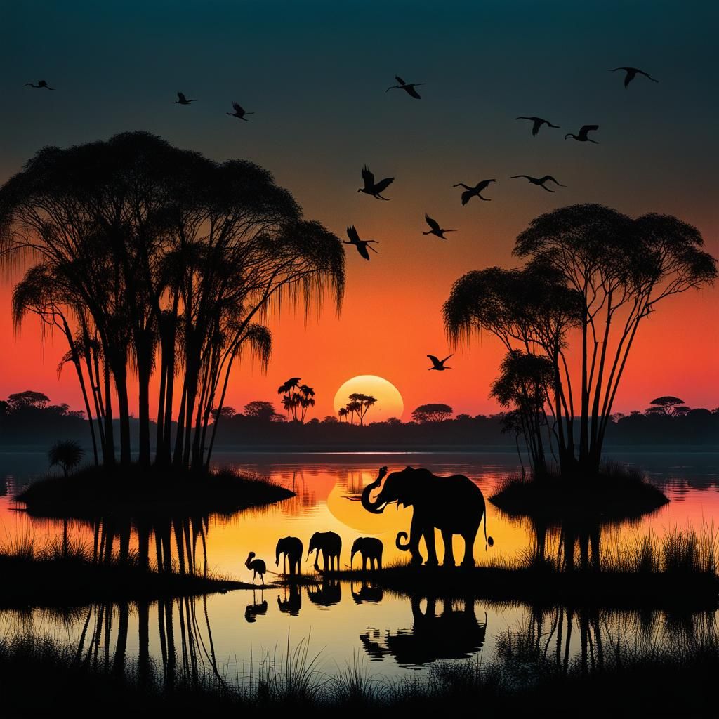 Elephants and Flamingos at Sunset: Graphic Silhouette Art