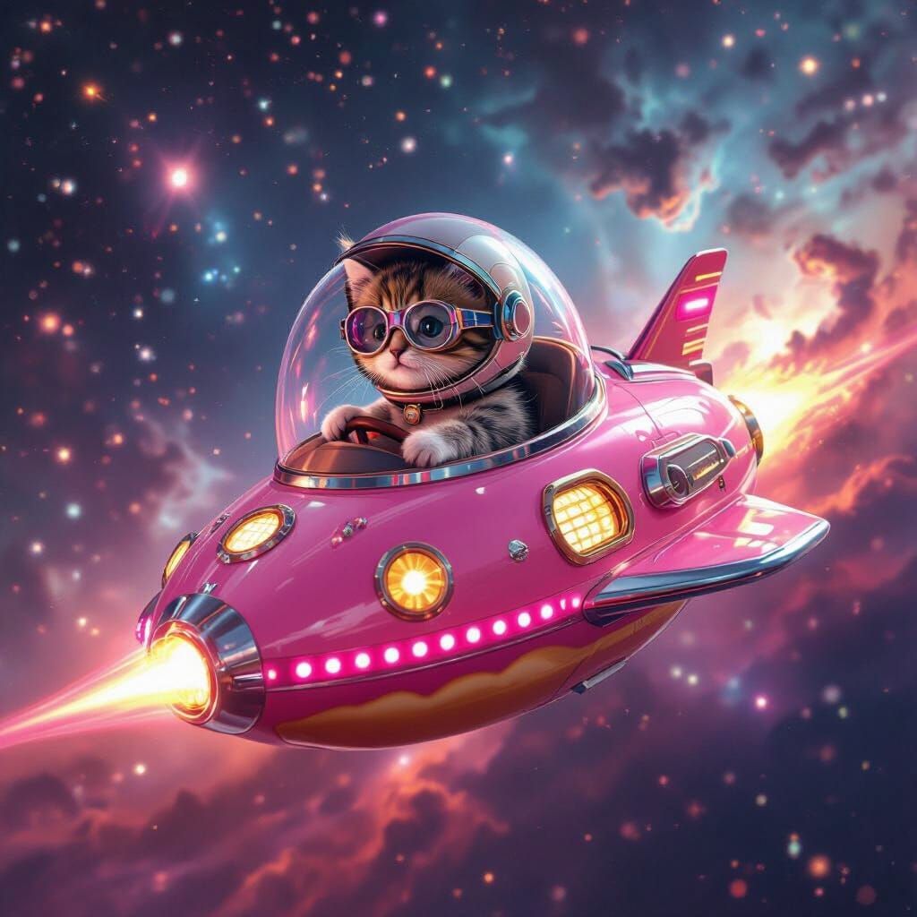 Kitten Astronaut Piloting Spaceship Through Nebula