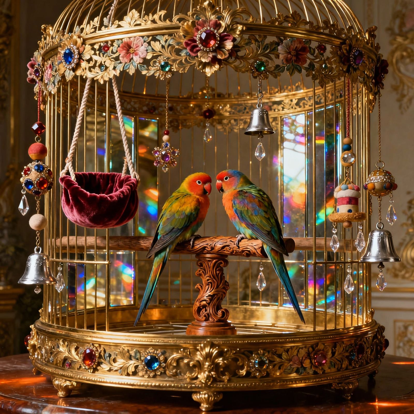 Opulent Gilded Bird Cage for Lovebirds in Baroque Style