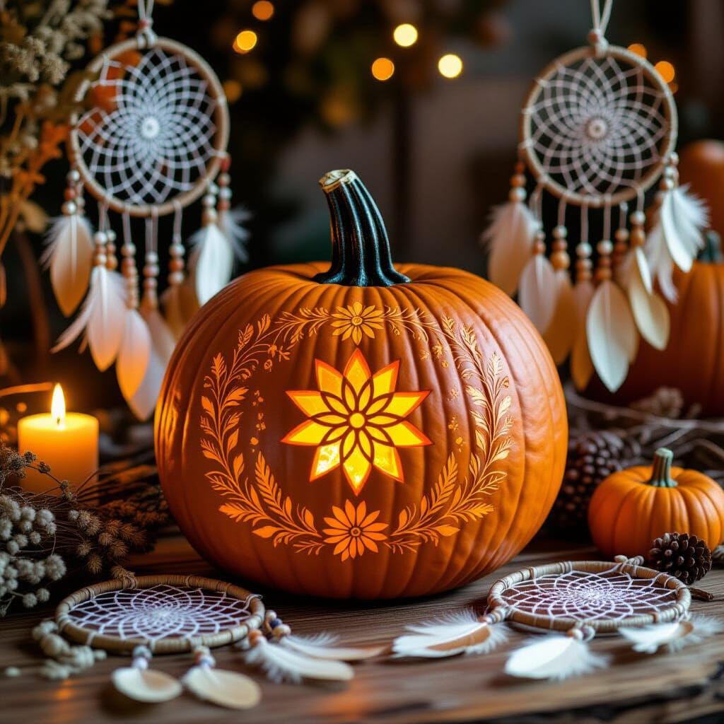 Boho Carved Pumpkin with Dream Catchers
