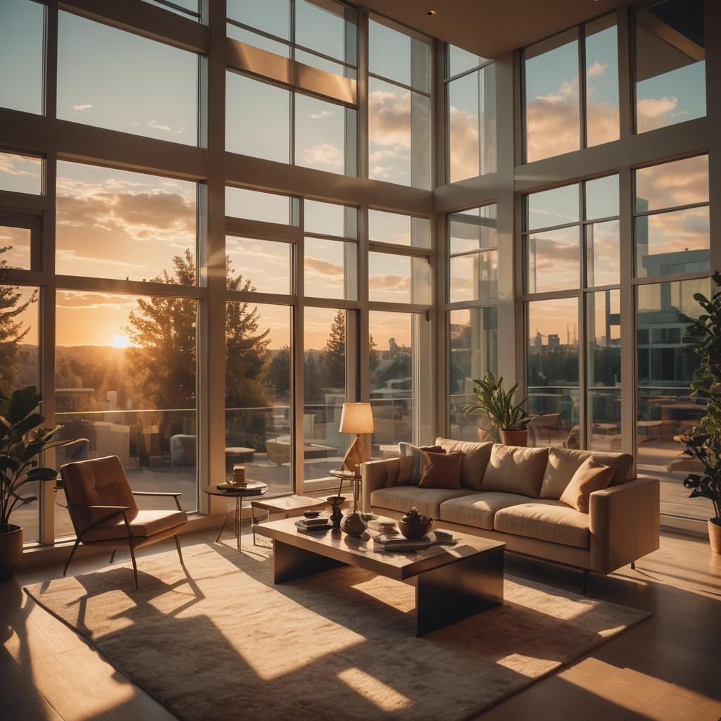 Modern Living Room at Sunset in Cinematic Style
