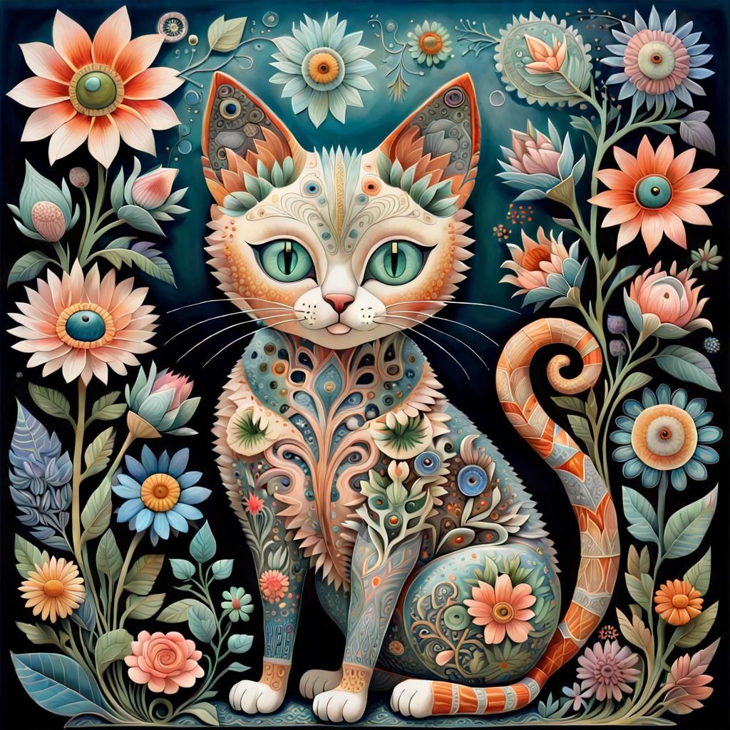 Glass Cat with Flowers in Folk Art Style