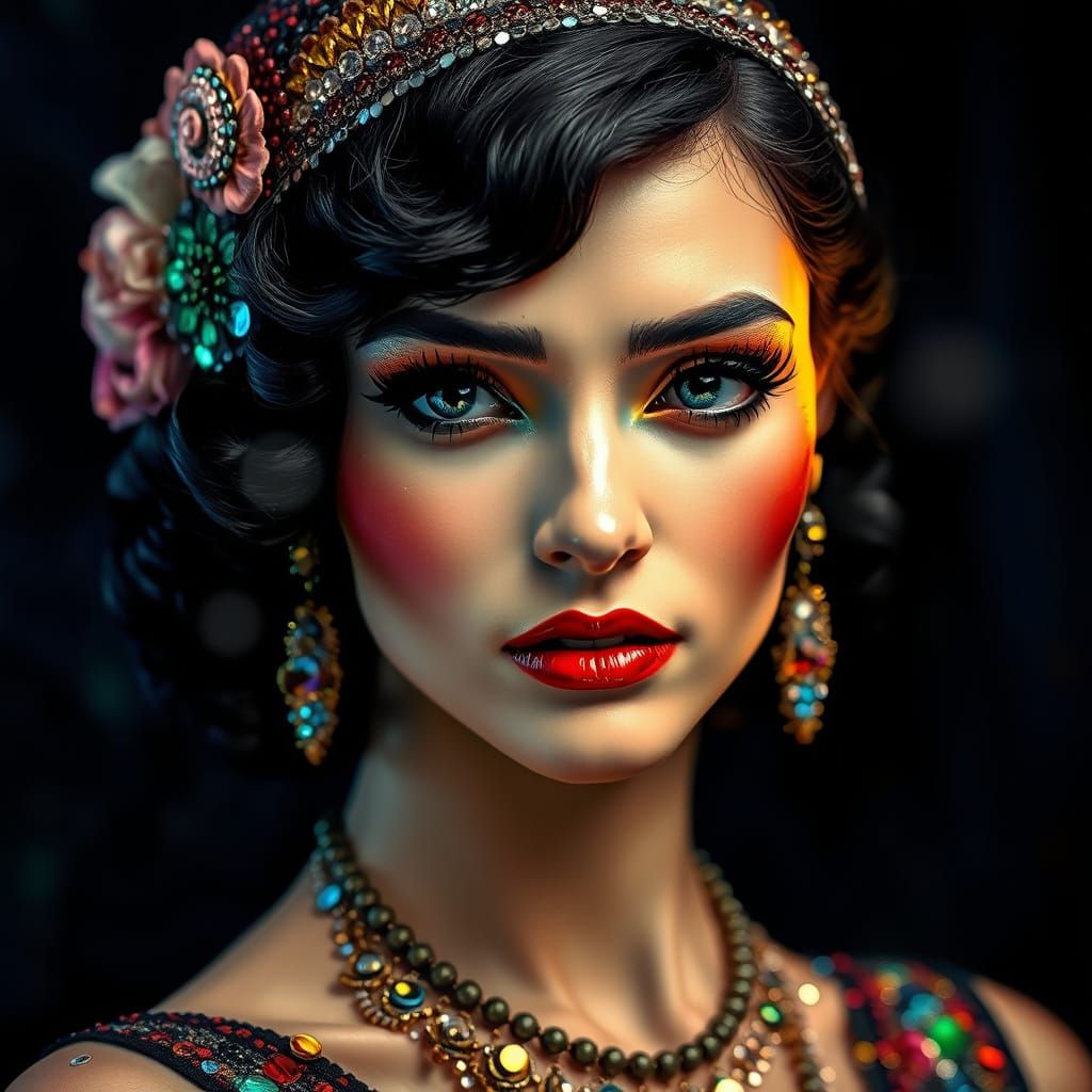 1920s Flapper Portrait in Art Nouveau Style with Golden Acce...