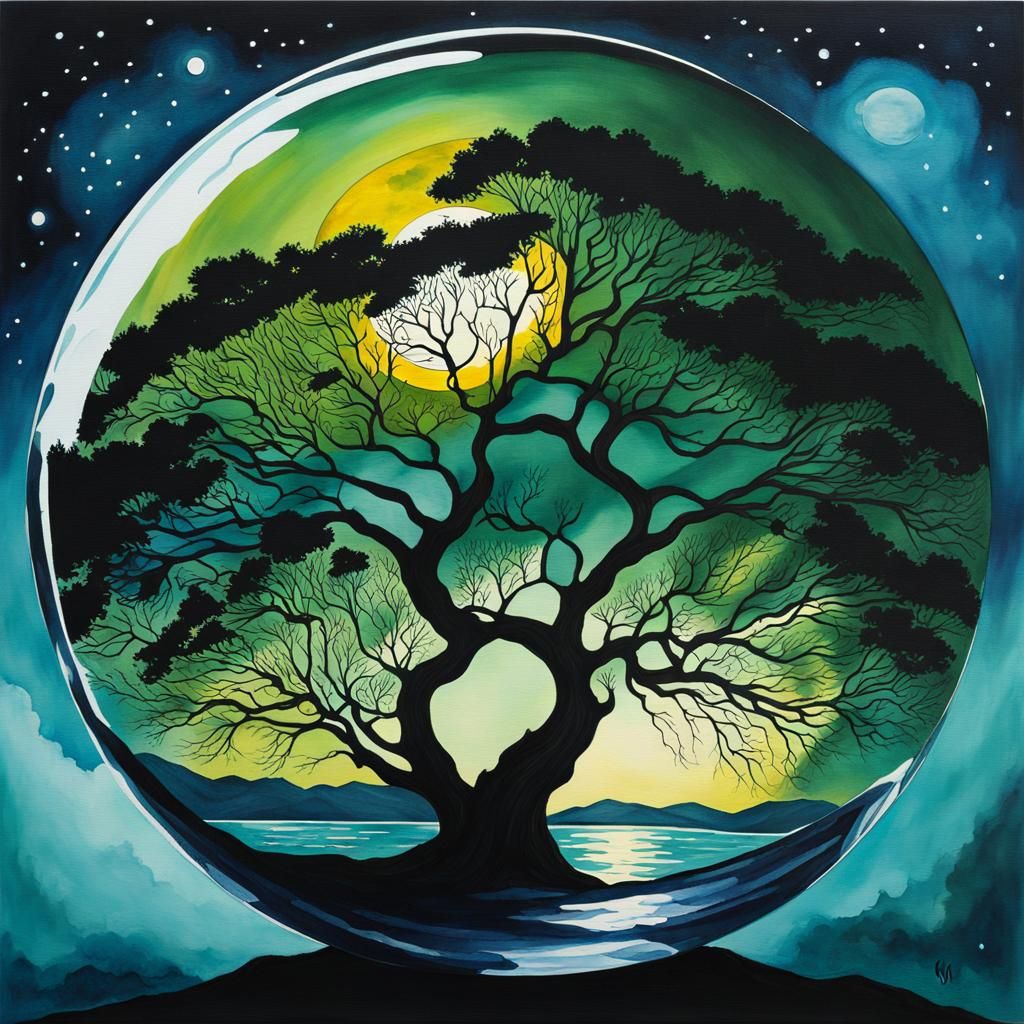 Tree Silhouette in Glass Sphere: Watercolor Oil Painting