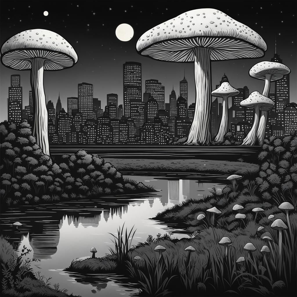 Night Cityscape with Giant Mushrooms