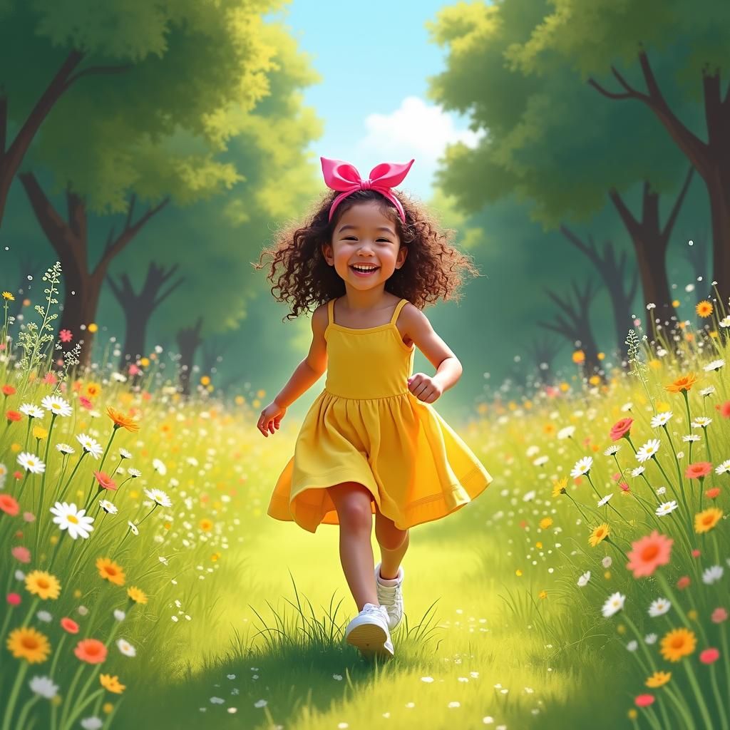 Girl with Pink Bow in Sunny Meadow, Impressionistic Style