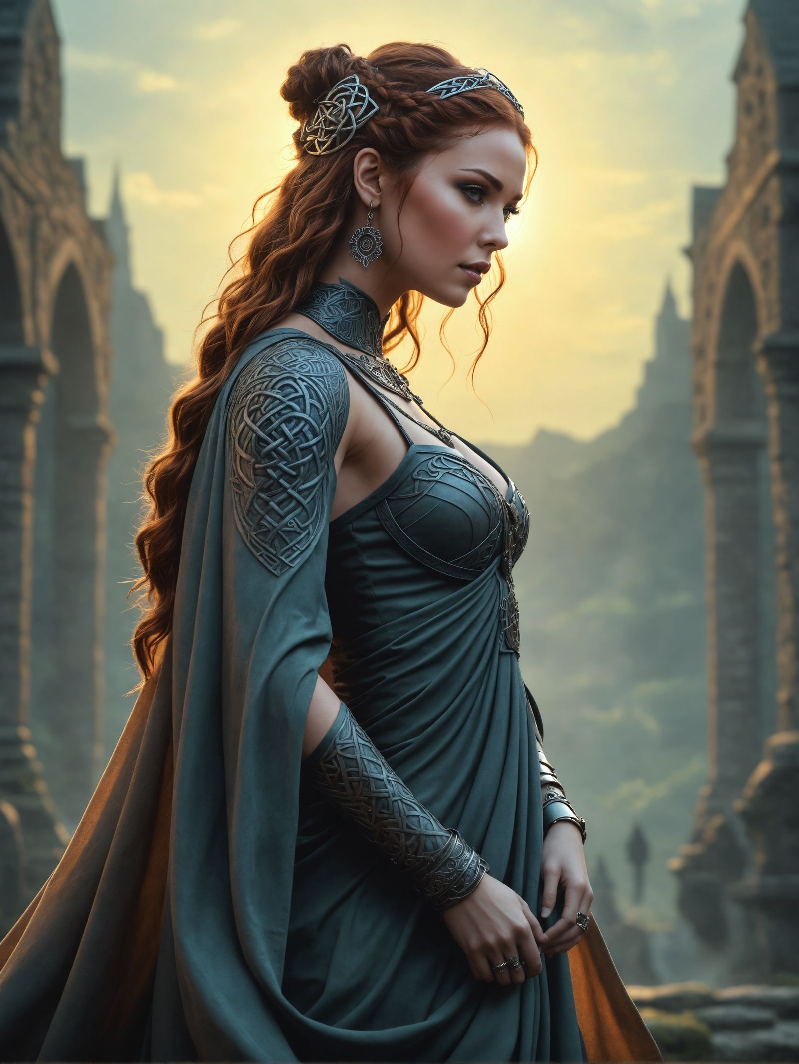 sad Celtic woman in ruins