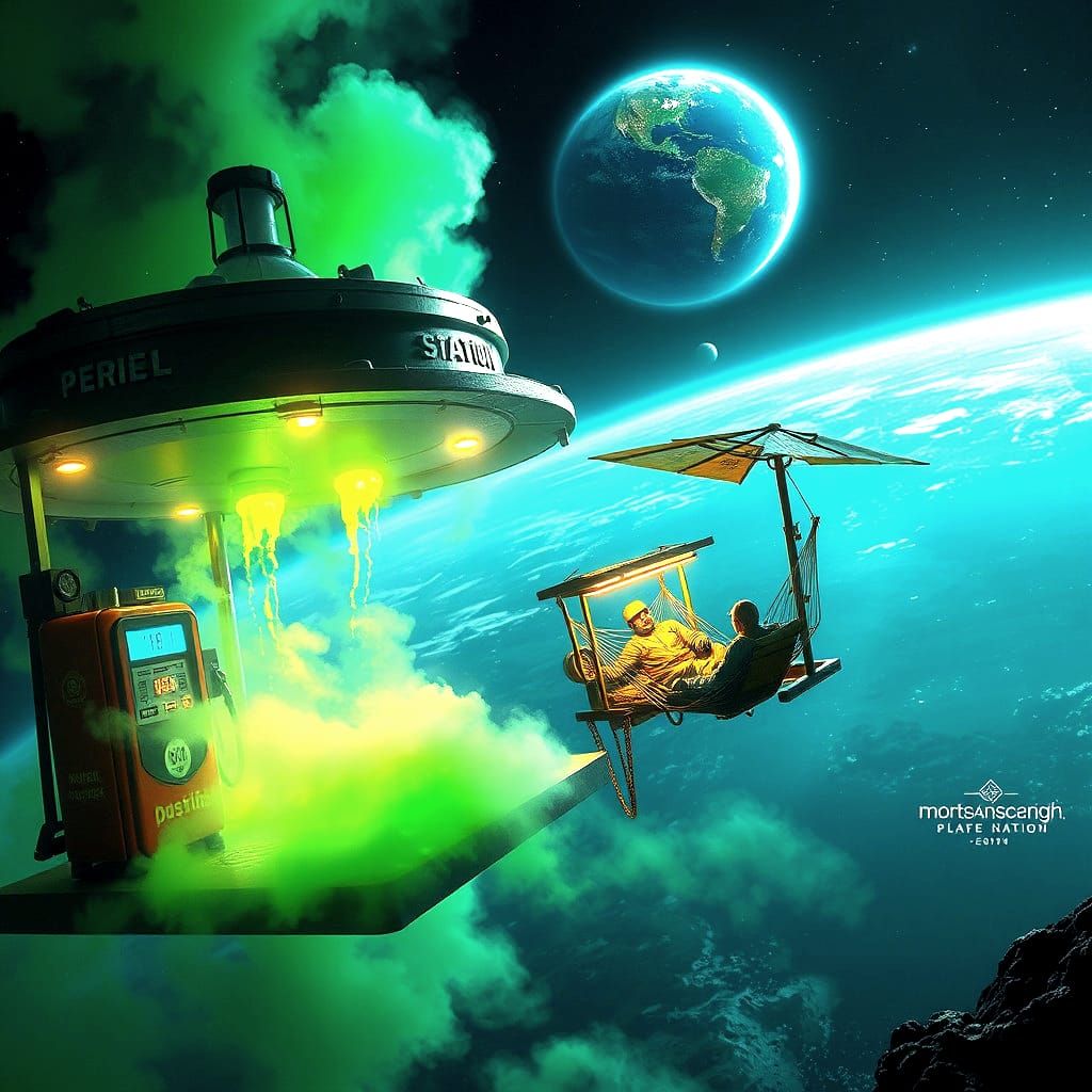 Vintage Gas Station Floating in Space