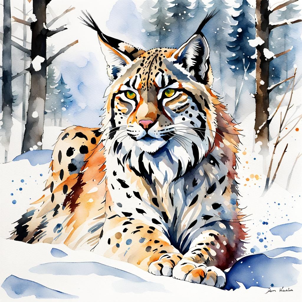 Lynx Hunting in Snowy Forest, Watercolour Style