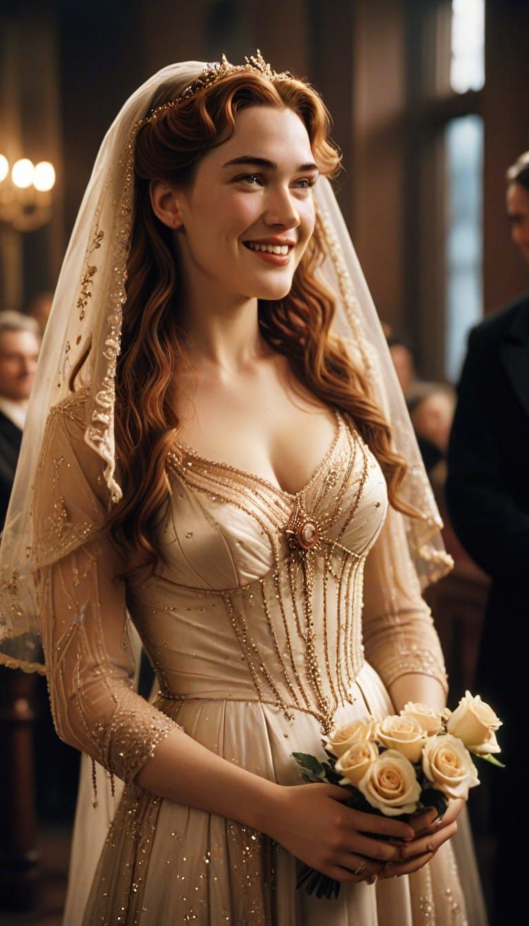 Kate Winslet as Rose in Elegant Rose Gold Wedding Attire, Ho...