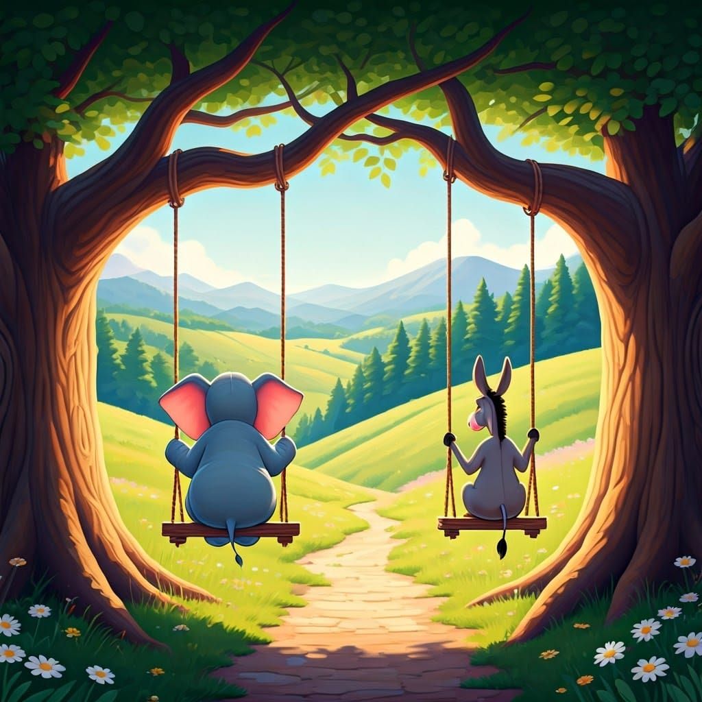 Elephant and Donkey on Tree Swings in Pixar Style