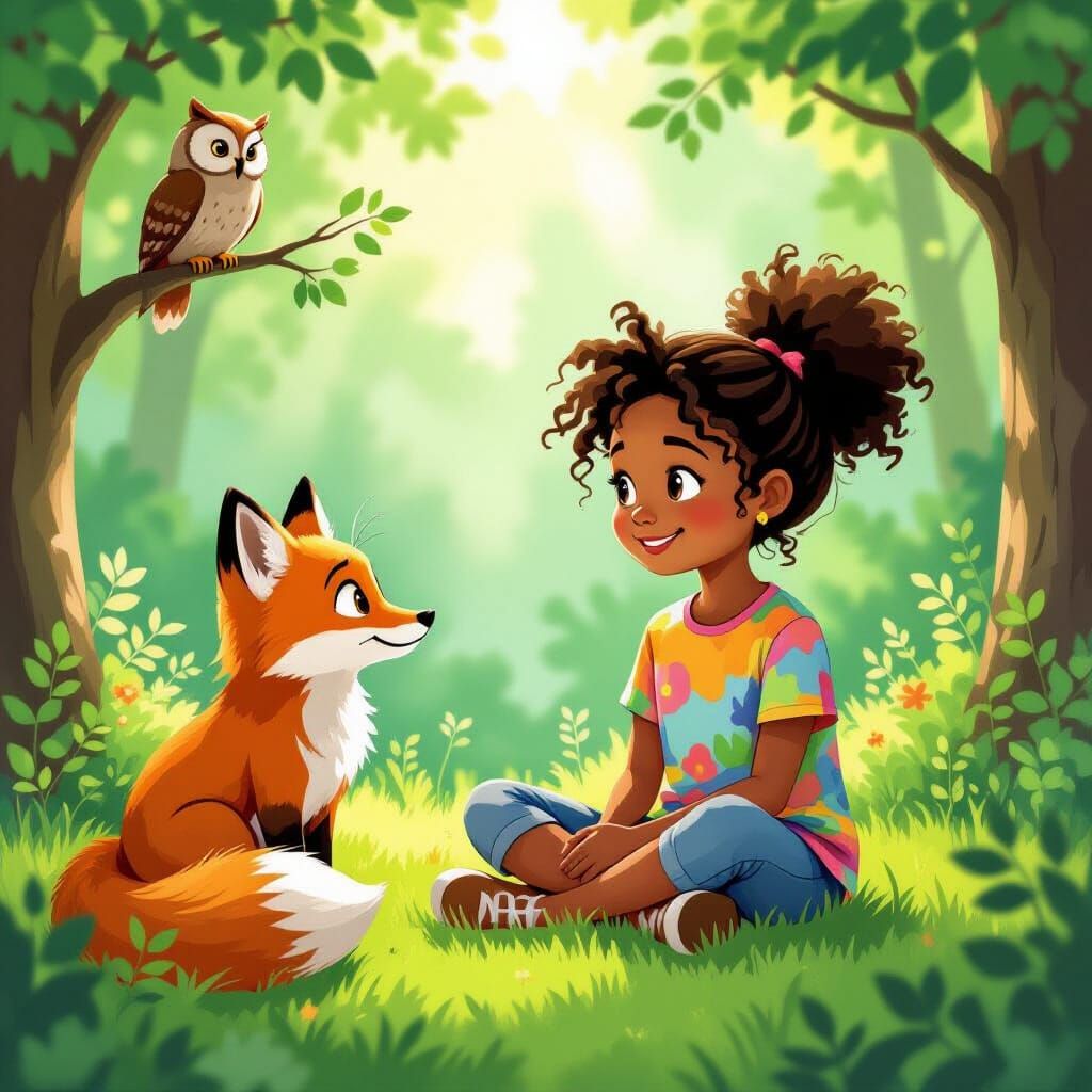 Black Girl Charms Forest Animals in Whimsical Illustration
