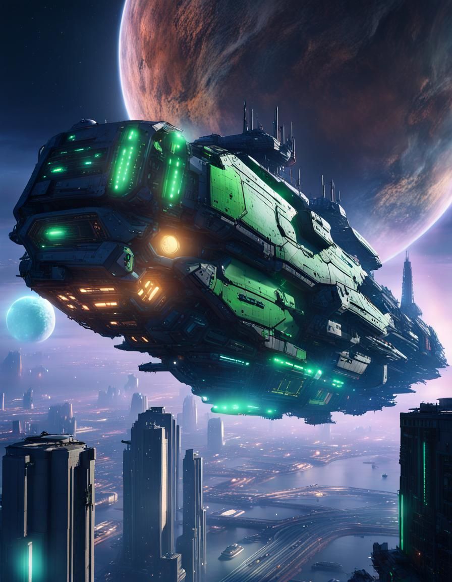 Cyberpunk Corporate Frigate Orbiting Urban Planet