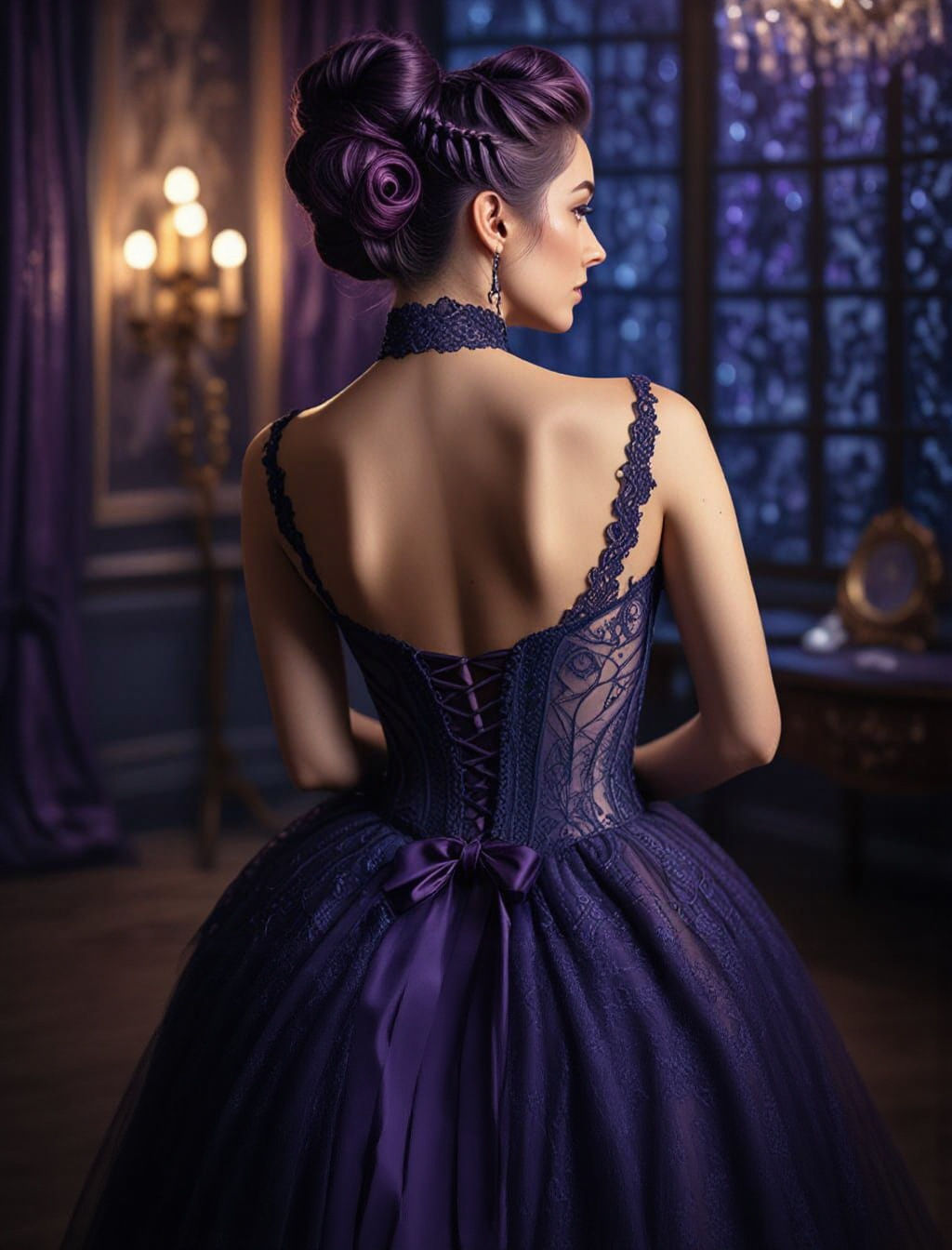 Elegant Woman Styling Hair in Midnight Blue Gown