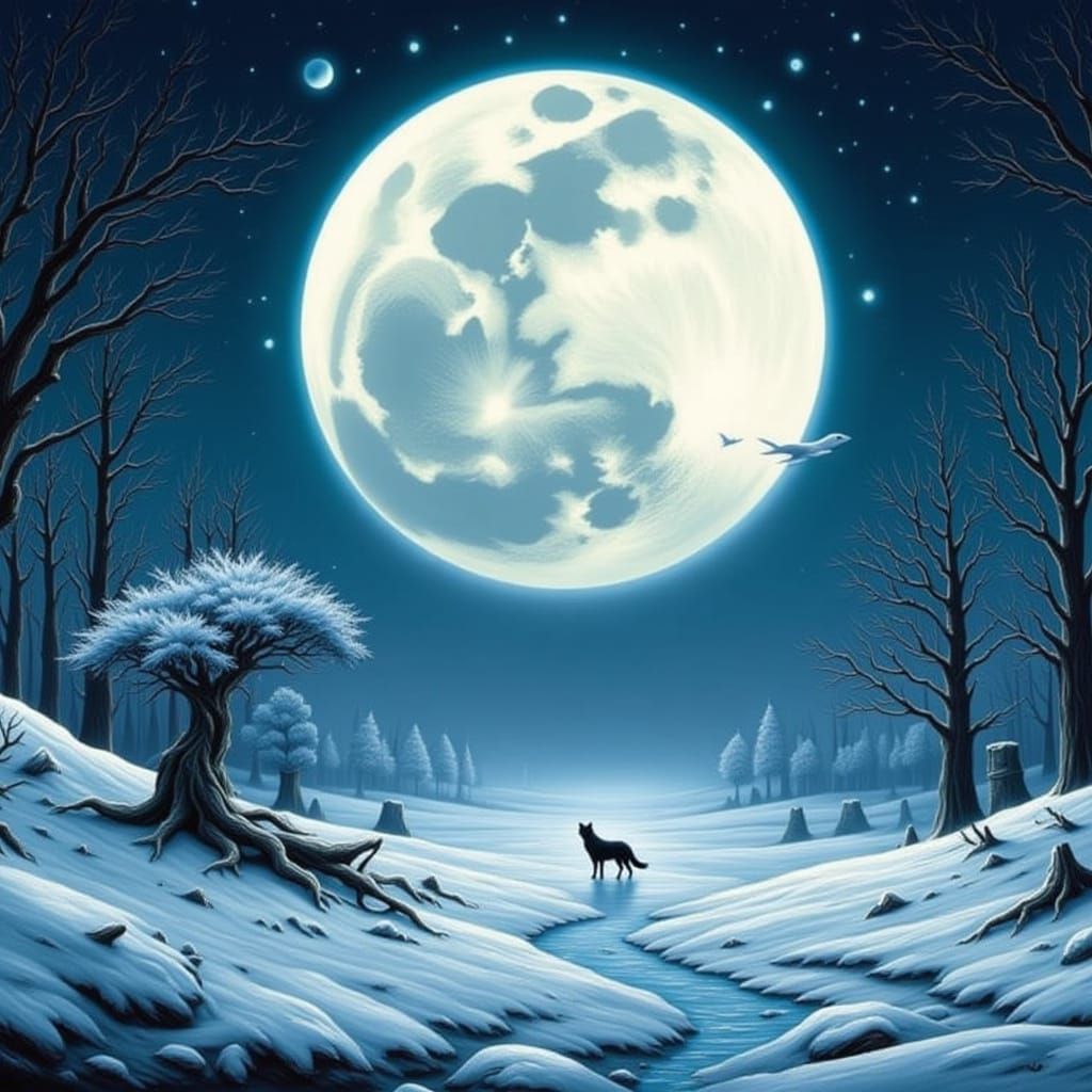 White Winter Wolf Watches Moonlit Landscape