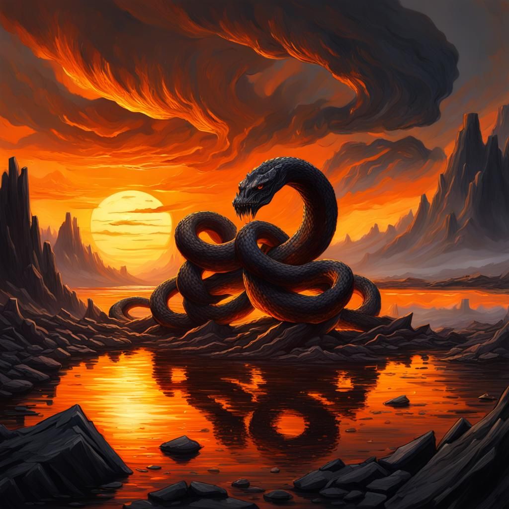 Obsidian Snakes Slithering Through Magma Lake