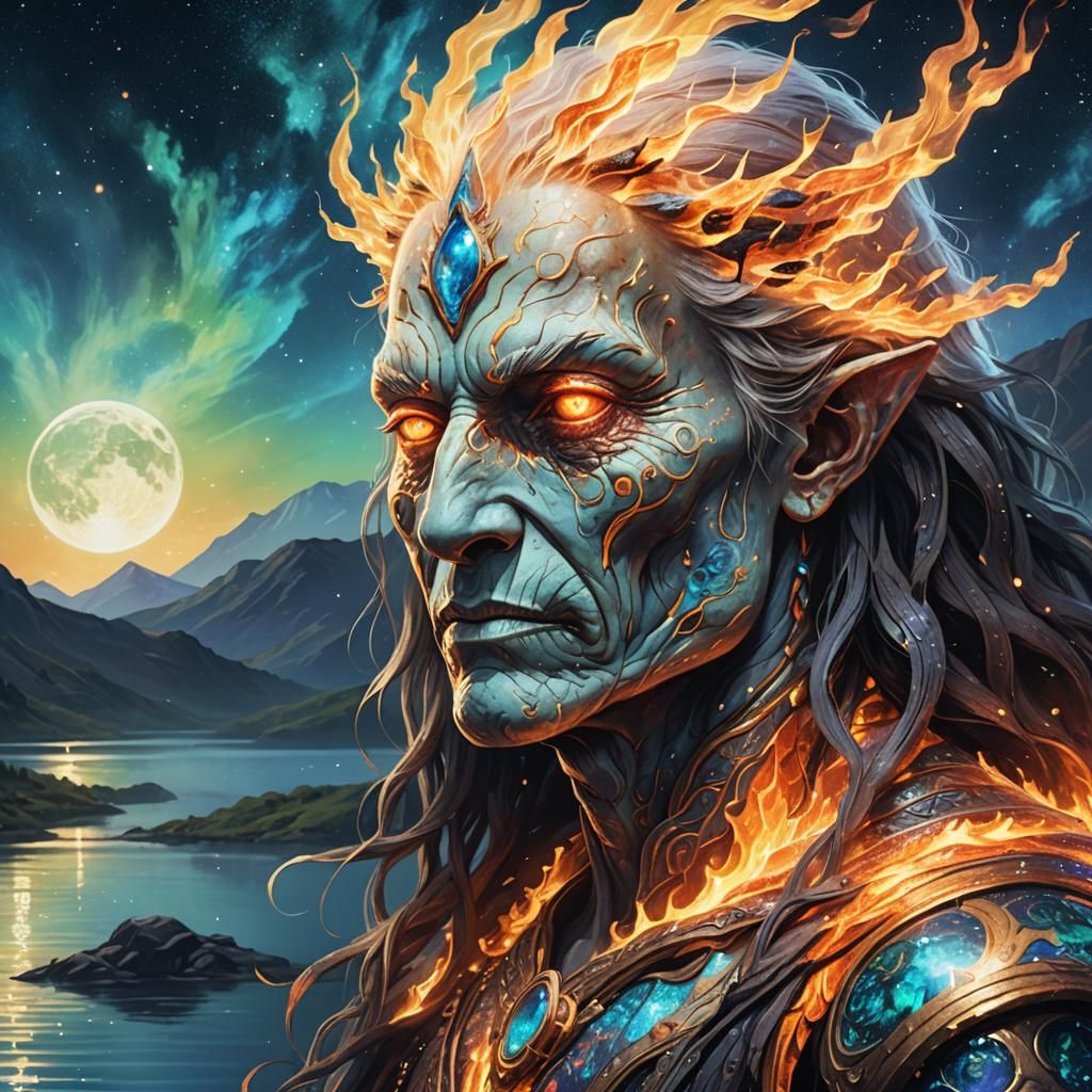 Fire Spirit Portrait: Holographic Astral Illustration
