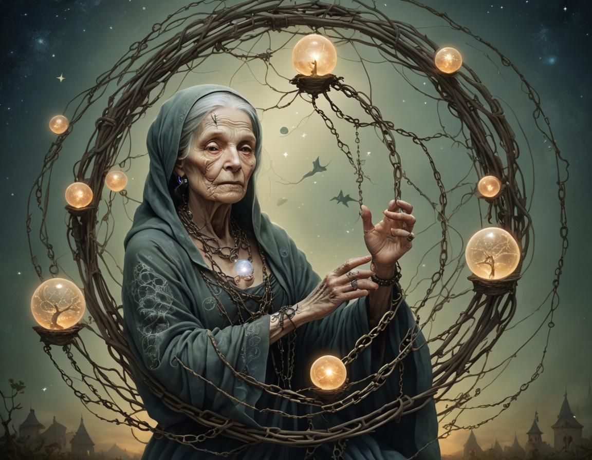 Mystical Tattooed Woman with Reality Sphere, Surreal Art