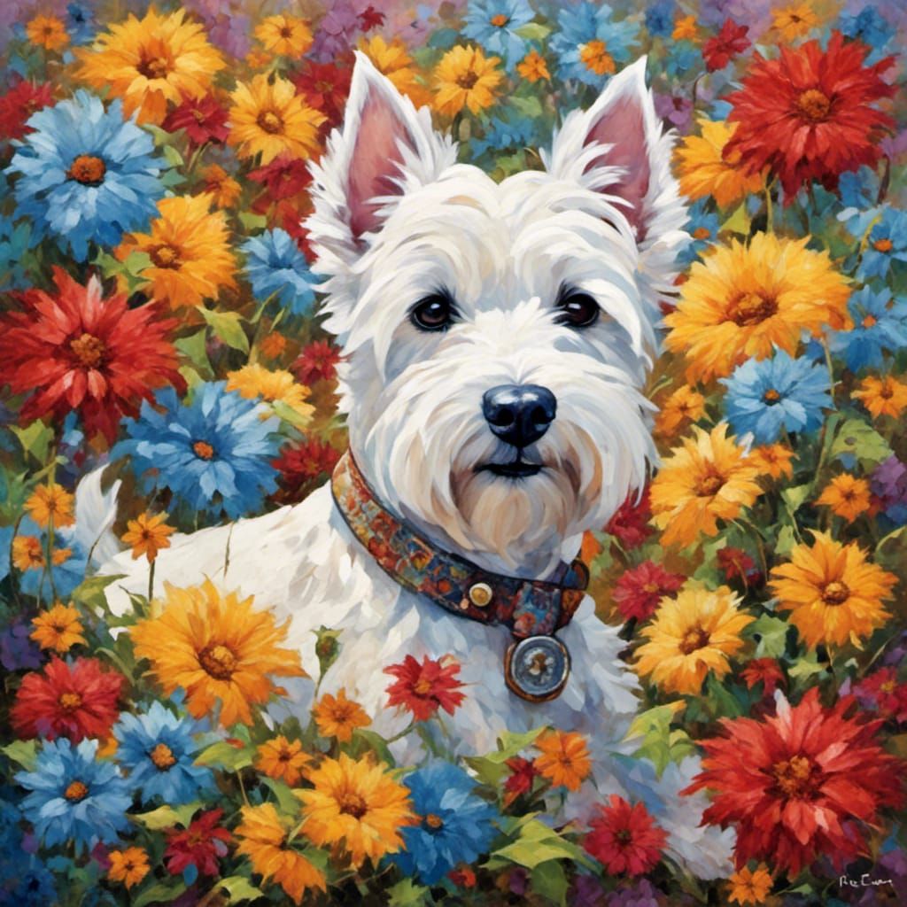 Colorful Westie Dog in Cubist Floral Art